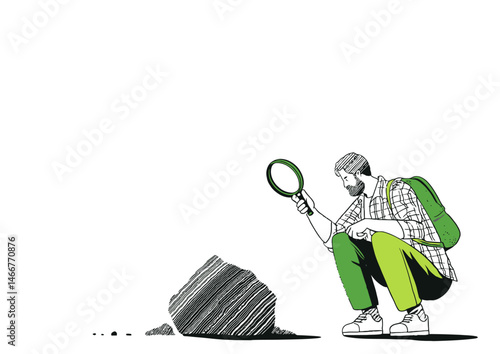 Geologist examining a rock, detailed vector illustration with strata layers and magnifying lens flare