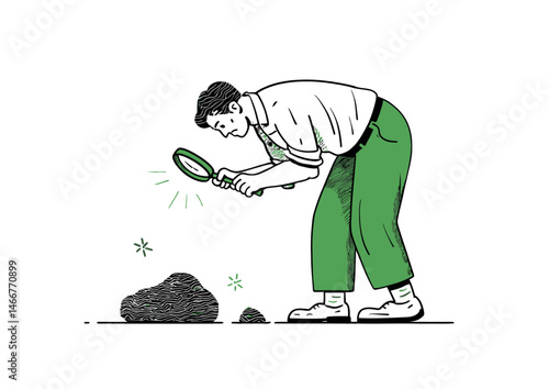 Geologist examining a rock, detailed vector illustration with strata layers and magnifying lens flare