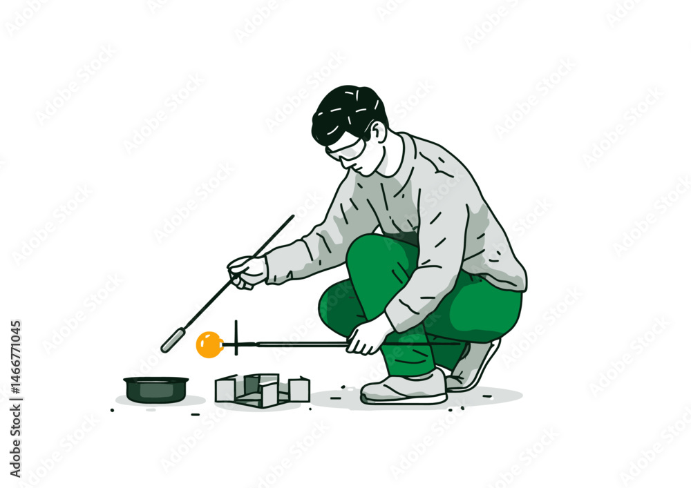 Obraz premium Glassblower shaping molten glass, luminous vector design with orange glow and tool imprints