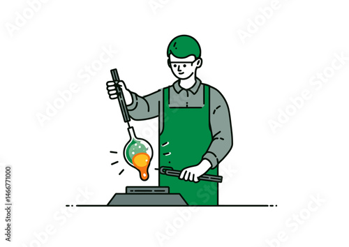 Glassblower shaping molten glass, luminous vector design with orange glow and tool imprints
