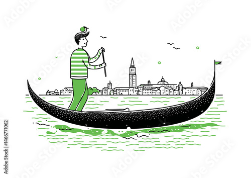 Gondolier rowing a boat, picturesque vector illustration with Venetian details, rippling water