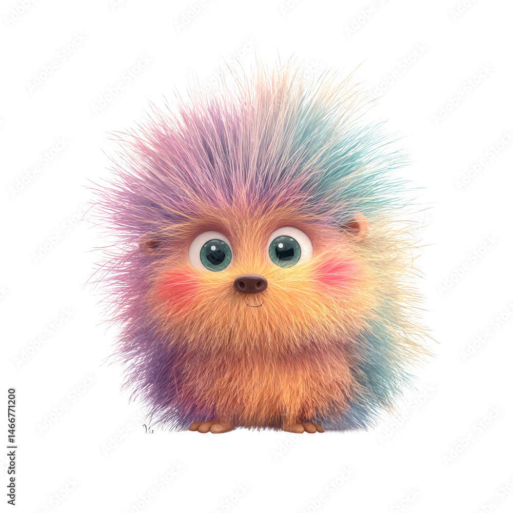 A cute fluffy creature with pastel rainbow fur and big green eyes stares adorably on a white background now. A cute fluffy creature with pastel rainbow fur and big green eyes stares adorably on a white background now.