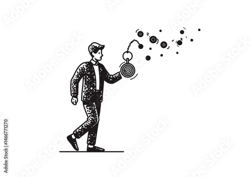 Hypnotist swinging a pocket watch, retro vector illustration with swirling patterns, hypnotic effects
