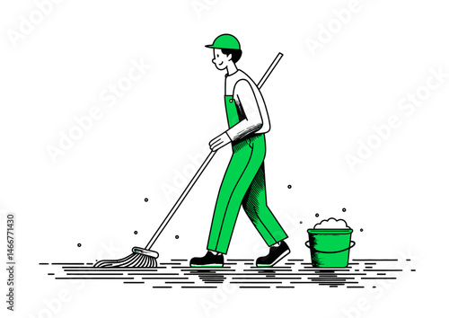 Janitor mopping the floor, minimalist vector design with wet floor reflections and bucket suds