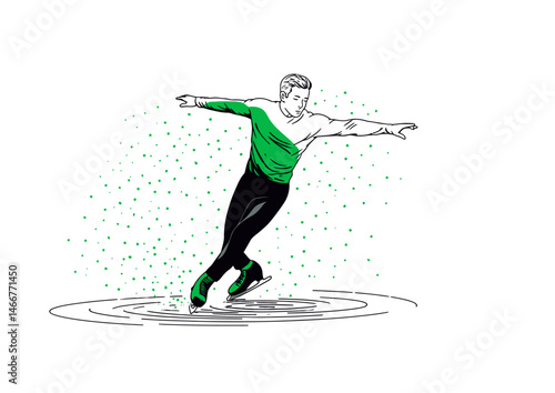 Ice skater performing a spin, elegant vector art with blade glints and frosty breath