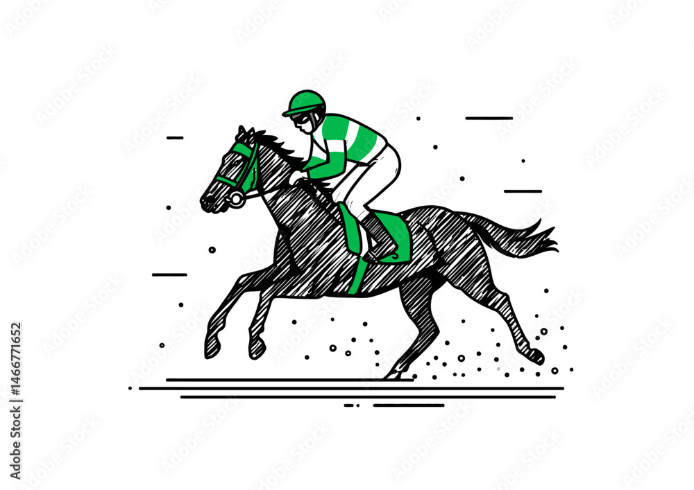 Fototapeta premium Jockey riding a horse, energetic vector illustration with speed lines, racing silks