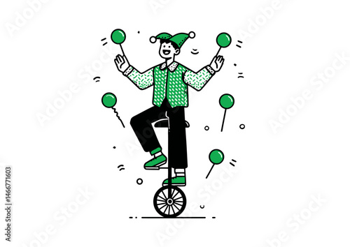 Jester juggling while riding a unicycle, playful vector art with zigzag patterns, jingling bells