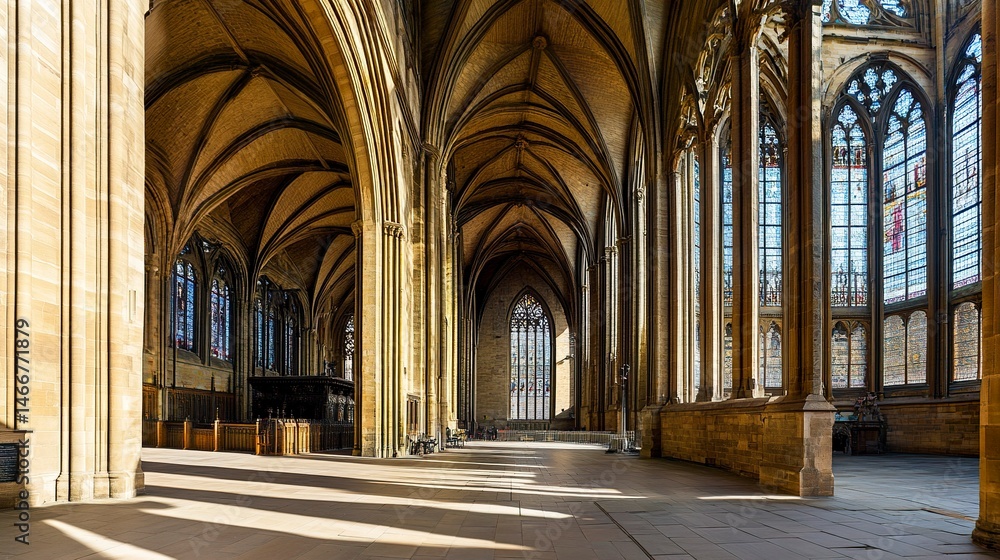 Wakefield Cathedral's transept, intersecting Gothic arches and clerestory windows bathed in natural light, shadows creating depth, interior shot highlighting architectural complexity. Wakefield Cathedral's transept, intersecting Gothic arches and clerestory windows bathed in natural light, shadows creating depth, interior shot highlighting architectural complexity.