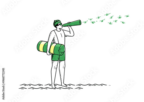 Lifeguard blowing a whistle, sunny vector design with rescue tube and wave shadows