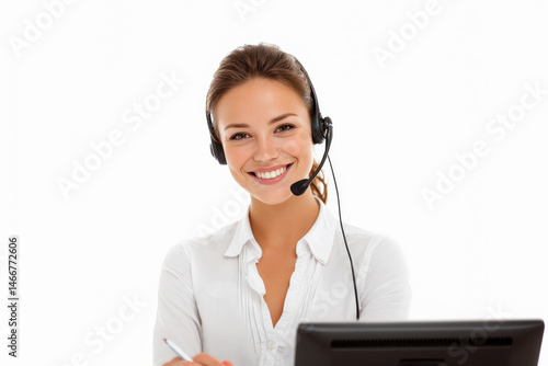 Teleoperadora joven, sonriendo, representante de servicio al cliente sonriente usando auriculares mientras trabaja en una computadora, sentada con fondo blanco