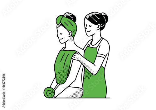 Masseuse kneading a back, soothing vector design with towel folds and pressure lines