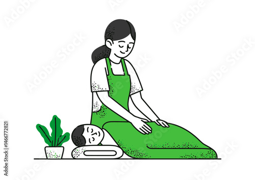 Masseuse kneading a back, soothing vector design with towel folds and pressure lines