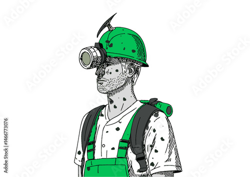 Miner wearing a headlamp, gritty vector illustration with coal dust and pickaxe shadows