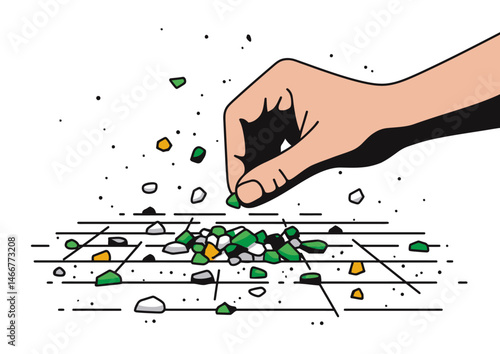 Mosaic artist placing tiny tiles, intricate vector illustration with colorful shards, grout lines