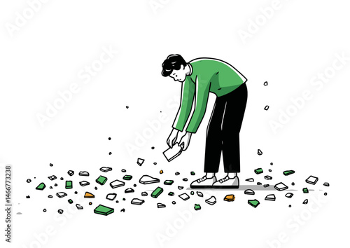 Mosaic artist placing tiny tiles, intricate vector illustration with colorful shards, grout lines