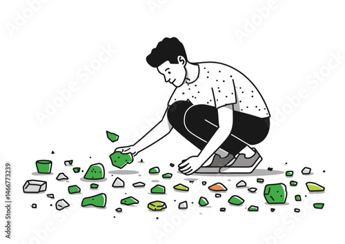 Mosaic artist placing tiny tiles, intricate vector illustration with colorful shards, grout lines