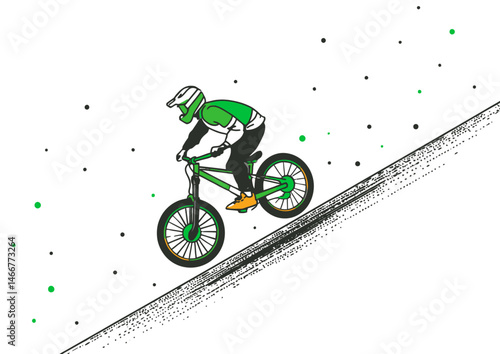 Mountain biker jumping a ramp, dynamic vector illustration with motion lines, vibrant colors