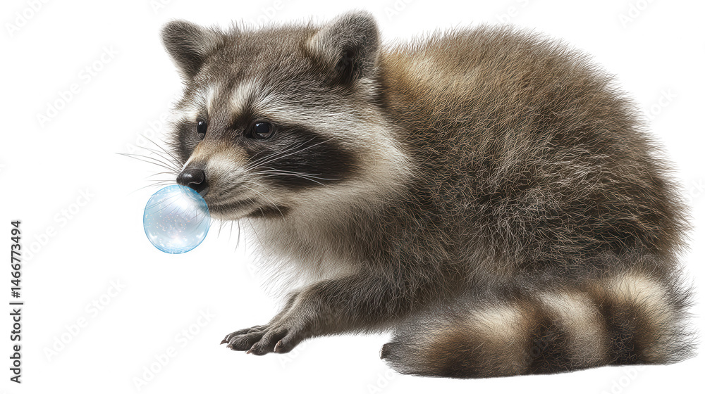 Obraz premium A raccoon with cute dark eyes curiously blows a clear bubble on a clean isolated white background shot.