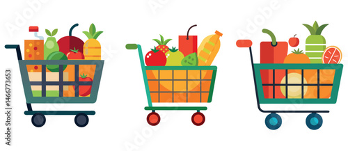 A set of shopping cart full of vegetables and groceries in a retail market represents commerce, 