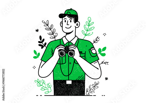 Park ranger holding binoculars, nature vector illustration with foliage patterns and badge details