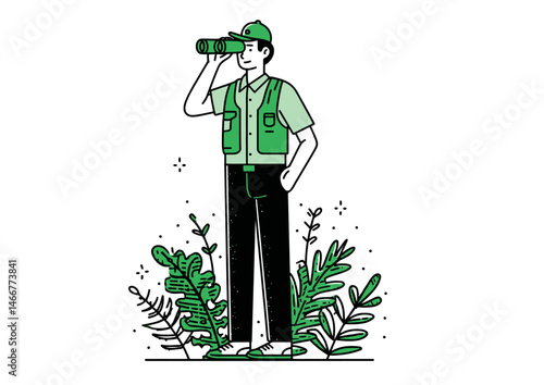 Park ranger holding binoculars, nature vector illustration with foliage patterns and badge details