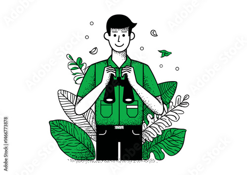 Park ranger holding binoculars, nature vector illustration with foliage patterns and badge details