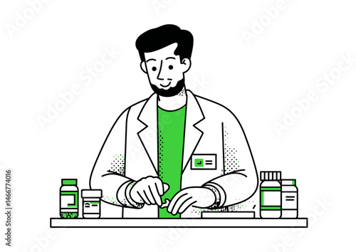 Pharmacist counting pills, precise vector illustration with pill bottle labels and counter reflections