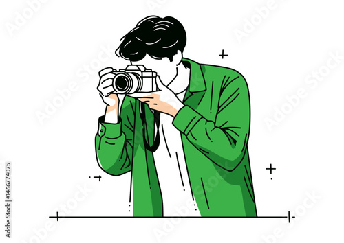 Photographer adjusting a camera lens, minimalist vector design with focus lines and metallic reflections