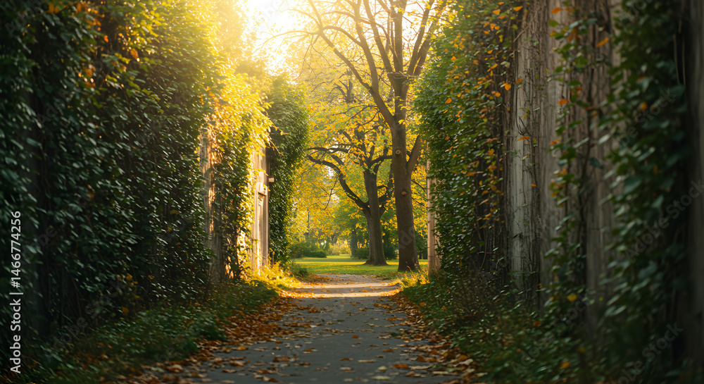Autumn Pathway Through Trees with Sunlight and Golden Leaves in a Scenic Park View Autumn Pathway Through Trees with Sunlight and Golden Leaves in a Scenic Park View