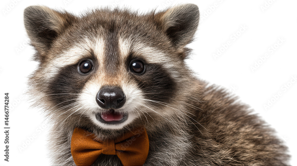 Obraz premium Close up portrait of a cute raccoon with a bow tie looking at the camera against a white background.