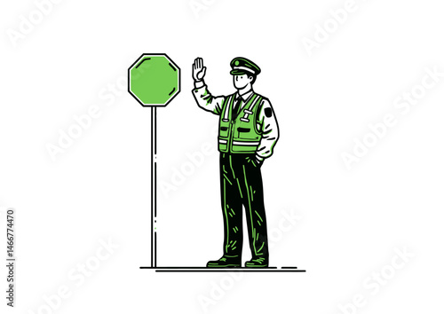 Police officer directing traffic, authoritative vector design with neon vest reflections and stop sign