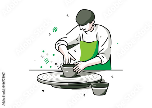 Potter shaping clay, earthy vector art with spinning wheel motion and hand imprints