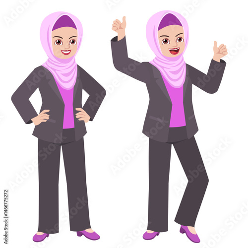 Business woman in suit and wearing hijab positive poses happy for the achievement cartoon vector design illustration