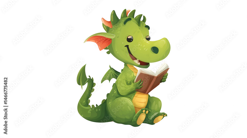Fototapeta premium A cute green dragon character is happily reading an open storybook while sitting against a white background.