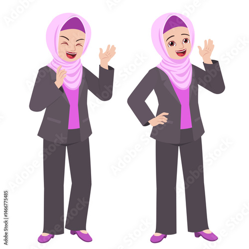 Business woman in hijab and suit jacket standing happy and laughing cartoon vector design illustration