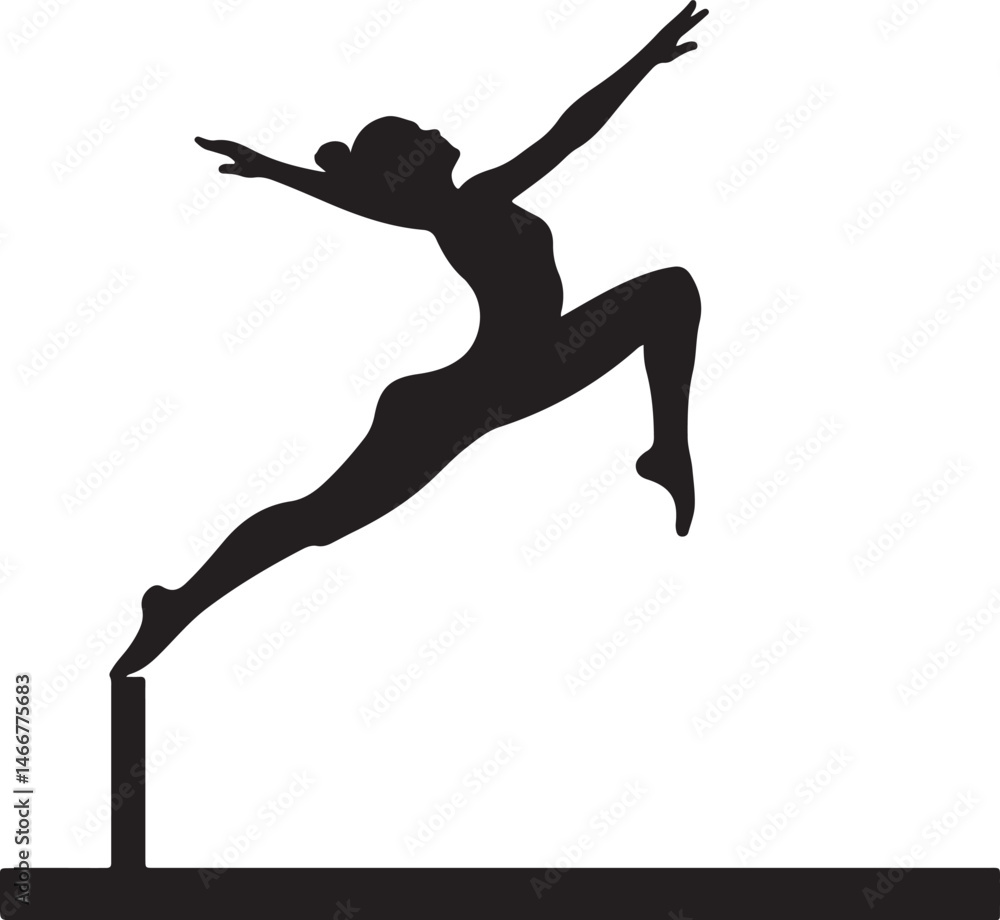 Naklejka premium Silhouette of a Female Athlete Hurdling: Black and White Vector Illustration of a Woman Jumping Over a Hurdle in a Sports Competition
