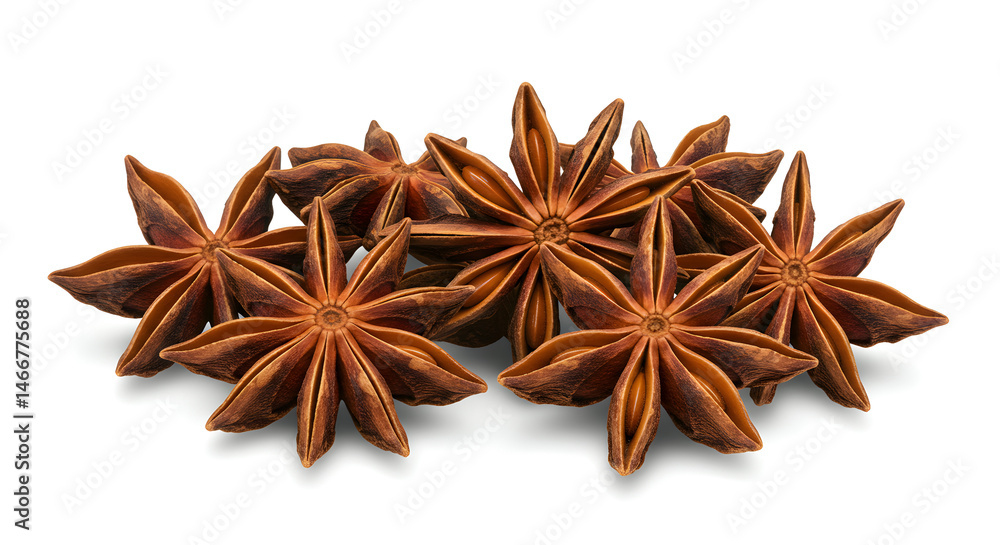 Close Up Group of Brown Star Anise Spices on a White Background with Shadows and Texture Close Up Group of Brown Star Anise Spices on a White Background with Shadows and Texture