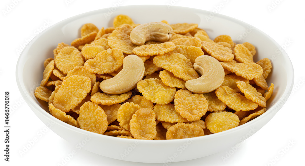 Close-up of a White Bowl Filled with Golden Cornflakes and Cashew Nuts on a White Background Close-up of a White Bowl Filled with Golden Cornflakes and Cashew Nuts on a White Background