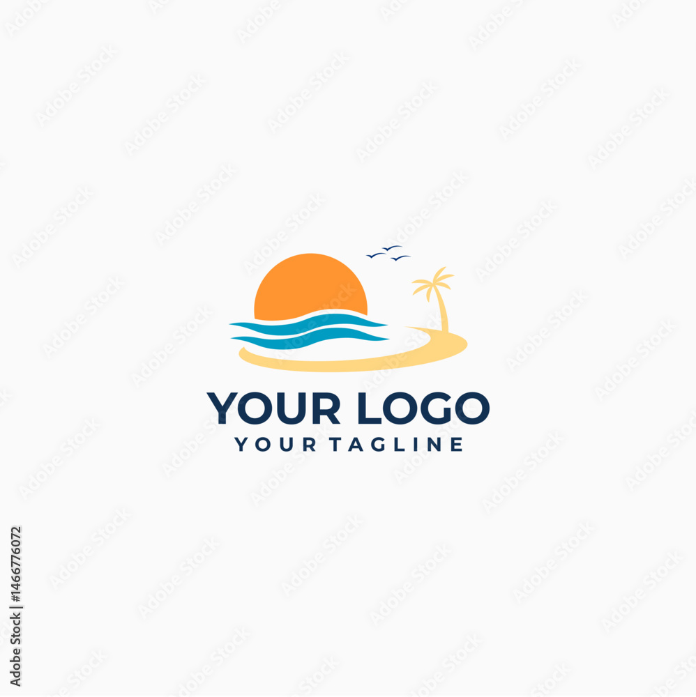 Fototapeta premium Minimalist Beach Logo with Palm Tree and Waves