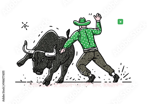 Rodeo clown distracting a bull, bold vector illustration with dusty arena, exaggerated gestures