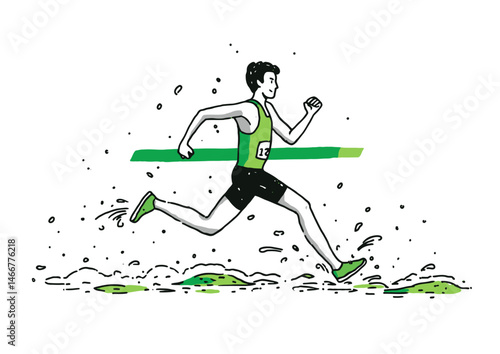 Runner crossing the finish line, energetic vector art with sweat droplets and race bib numbers