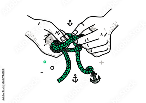 Sailor tying a knot, nautical vector design with rope fibers and anchor motifs