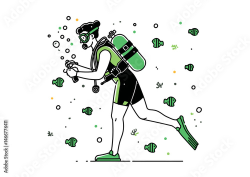 Scuba diver adjusting an oxygen tank, aquatic vector illustration with bubble trails and coral hues