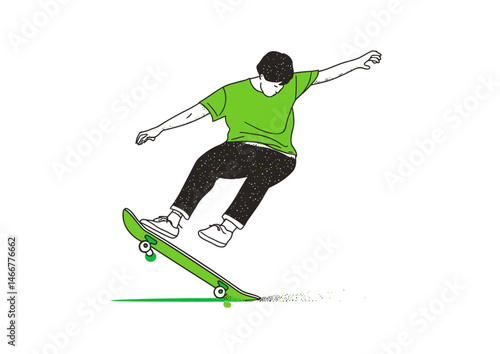 Skateboarder doing an ollie, edgy vector art with grip tape texture and airborne motion