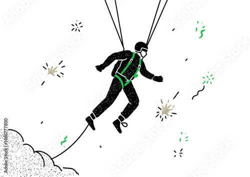 Stuntman jumping off a building, high-octane vector design with explosion sparks and harness wires