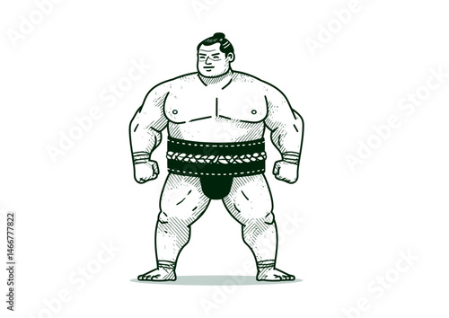 Sumo wrestler in a fighting stance, bold vector design with exaggerated muscles, traditional mawashi