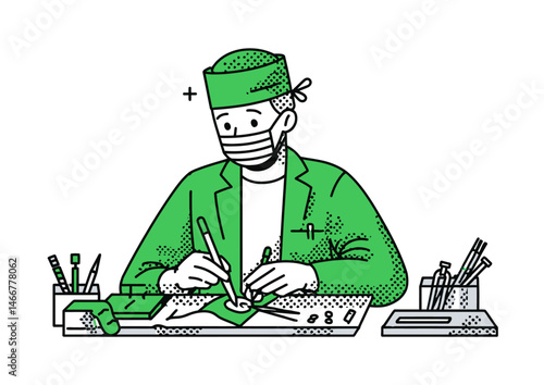 Surgeon performing an operation, precise vector illustration with surgical tools and masked focus