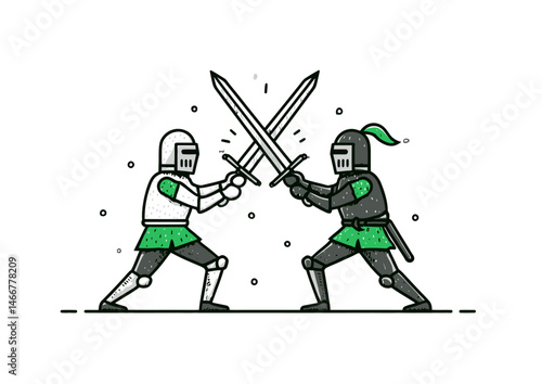 Sword fighter in a duel, dynamic vector design with clashing blades, medieval armor