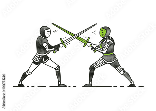 Sword fighter in a duel, dynamic vector design with clashing blades, medieval armor