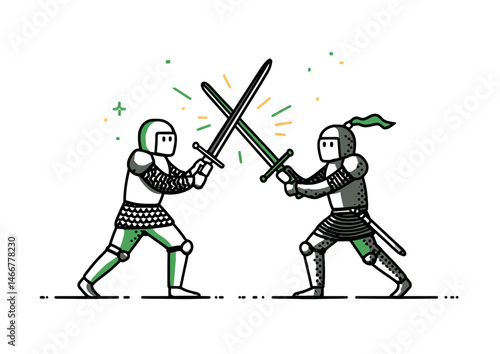 Sword fighter in a duel, dynamic vector design with clashing blades, medieval armor